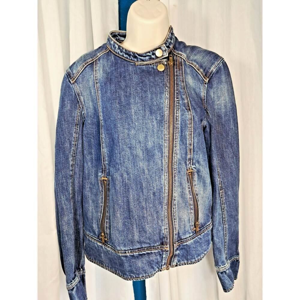 GAP 1969 Women's Denim Moto Biker Dark Blue Jacket Asymmetrical Zip Size L
